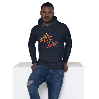 AfroDrip Stacked Unisex Pullover Hoodie in black, front view showing layered AfroDrip stacked logo graphic