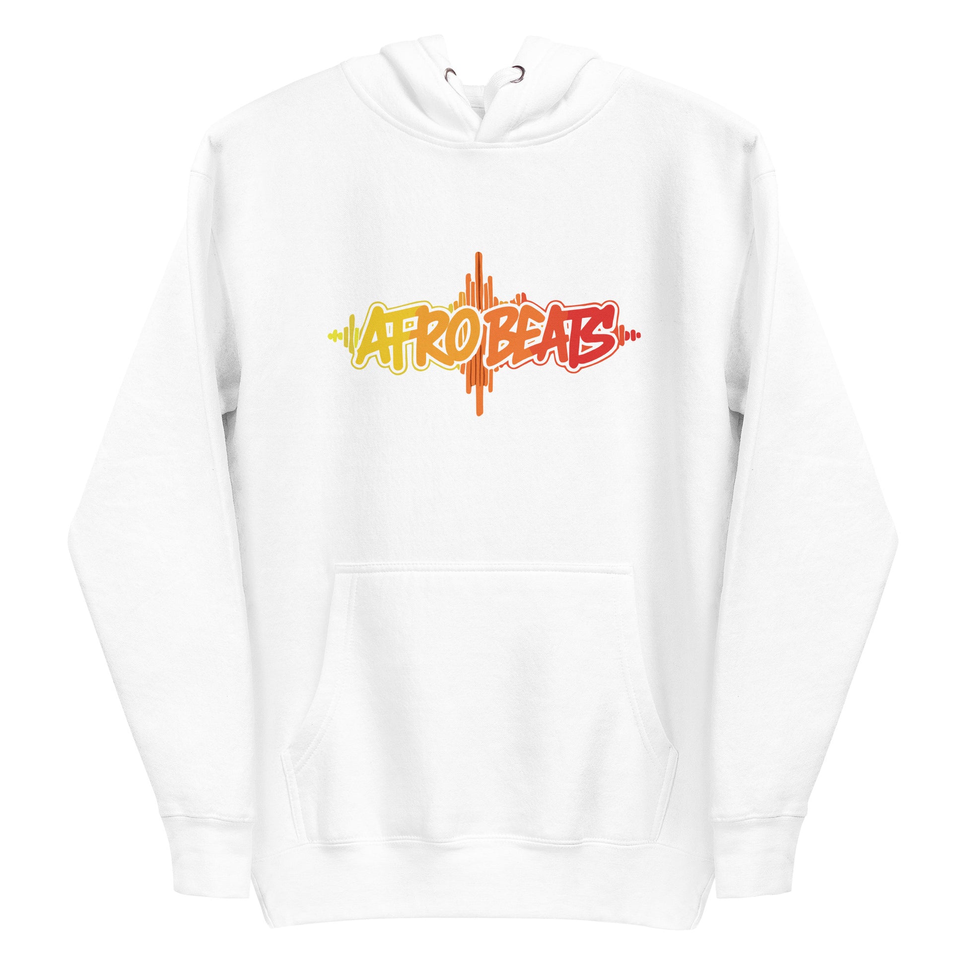 AfroDrip AfroBeats Unisex Pullover Hoodie in white, front flat-lay view showing graphic print on chest