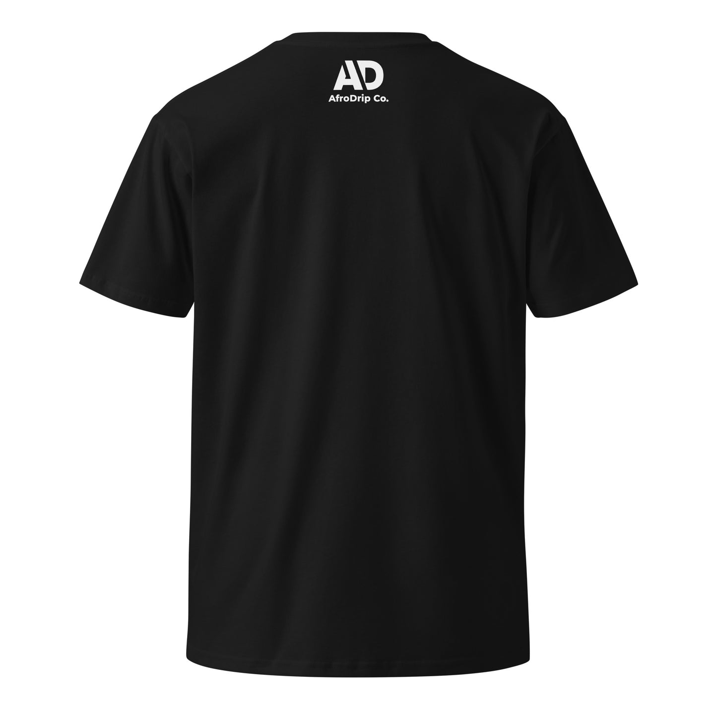 AfroDrip Unisex Premium T-Shirt in black, angled left-front view showing the AfroDrip logo graphic print