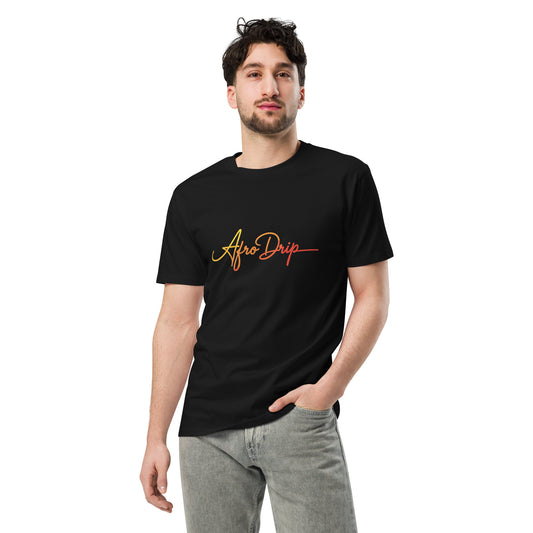 AfroDrip Unisex Premium T-Shirt in black, angled left-front view showing the AfroDrip logo graphic print