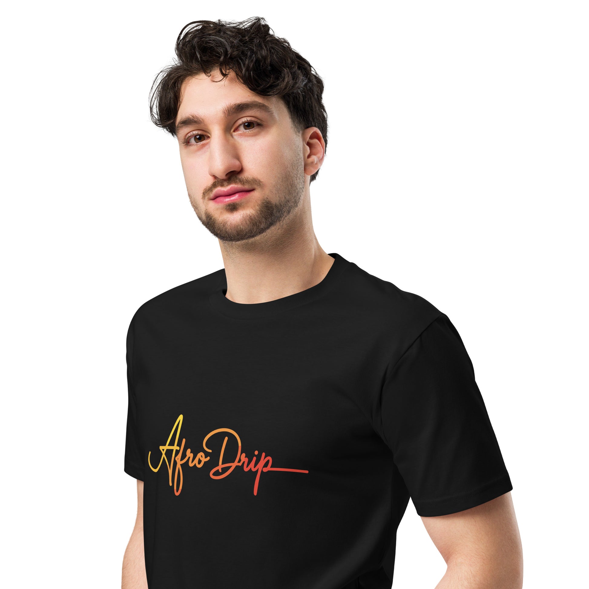 AfroDrip Unisex Premium T-Shirt in black, angled left-front view showing the AfroDrip logo graphic print