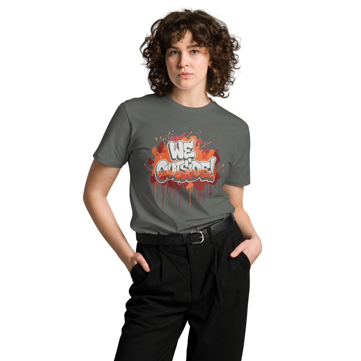 AfroDrip 'We Outside' Unisex Premium T-Shirt in black, front view showing the 'We Outside' graphic print