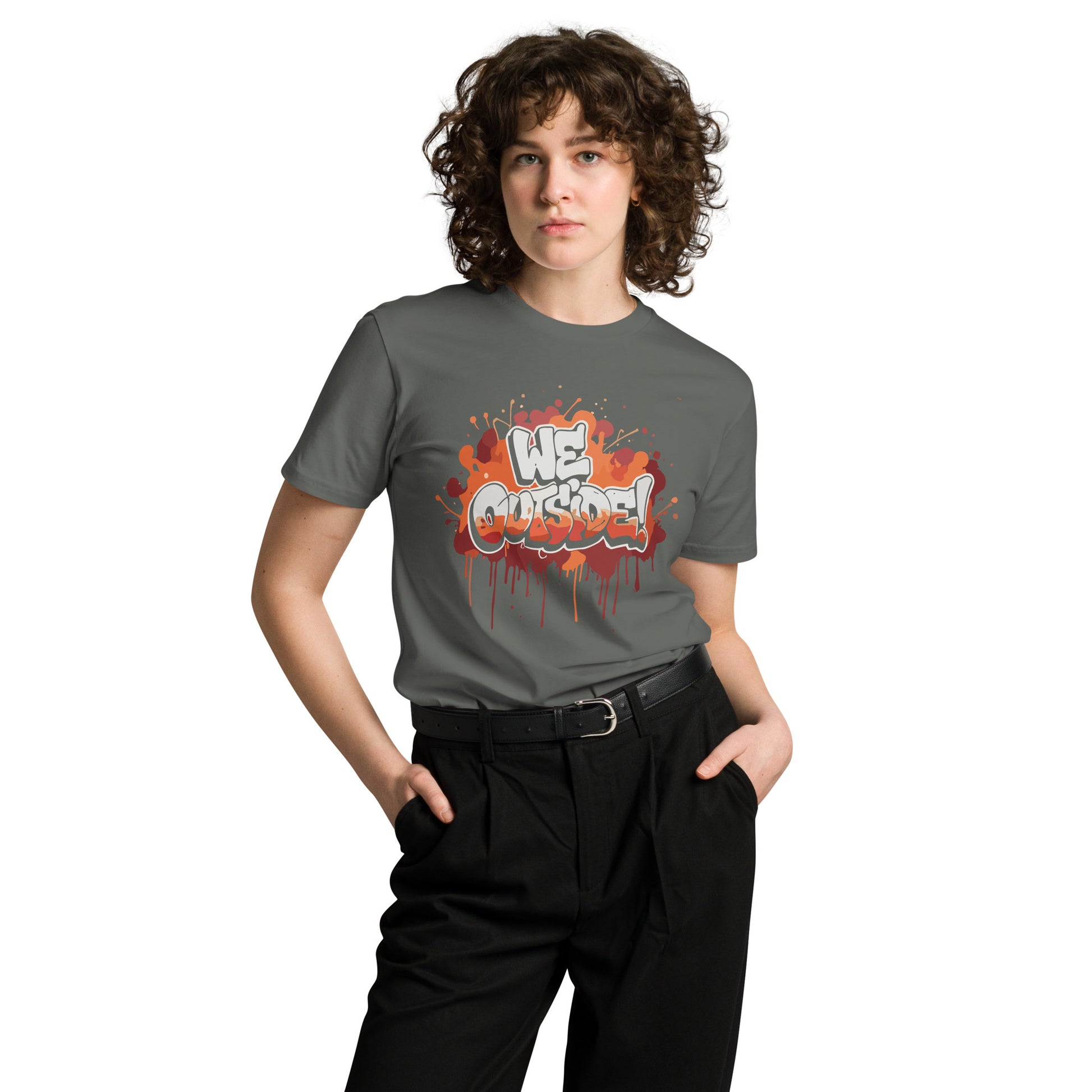 AfroDrip 'We Outside' Unisex Premium T-Shirt in black, front view showing the 'We Outside' graphic print