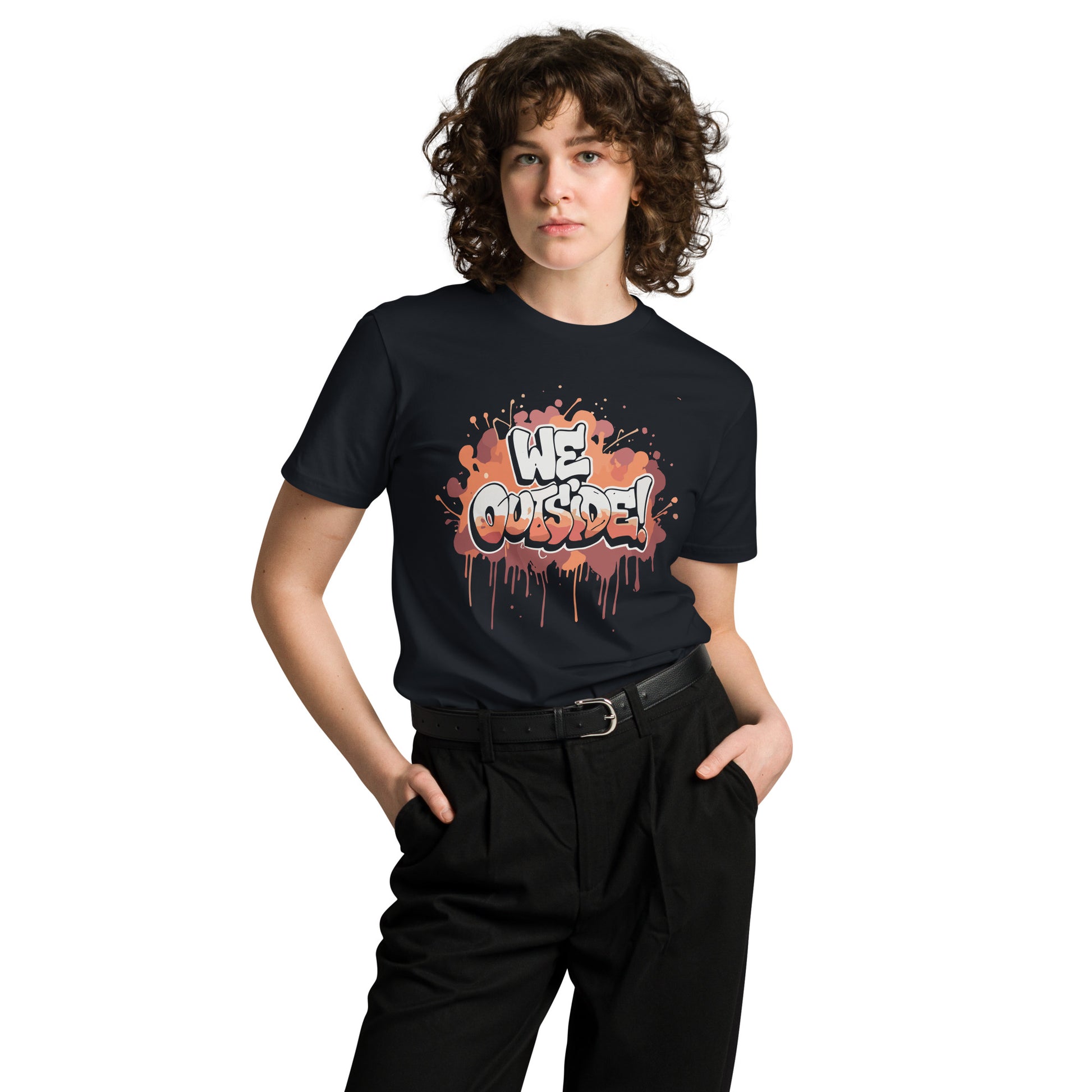 AfroDrip 'We Outside' Unisex Premium T-Shirt in navy blue, front view showing the 'We Outside' graphic print