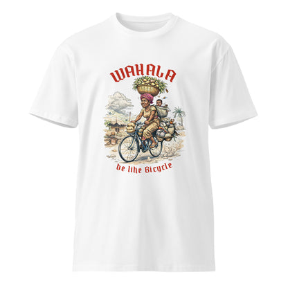 AfroDrip 'Wahala Be Like Bicycle' Unisex Premium T-Shirt in white, front flat-lay view showing graphic print