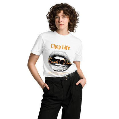 AfroDrip 'Chop Life' Unisex Premium T-Shirt in white, front view showing the 'Chop Life' graphic print