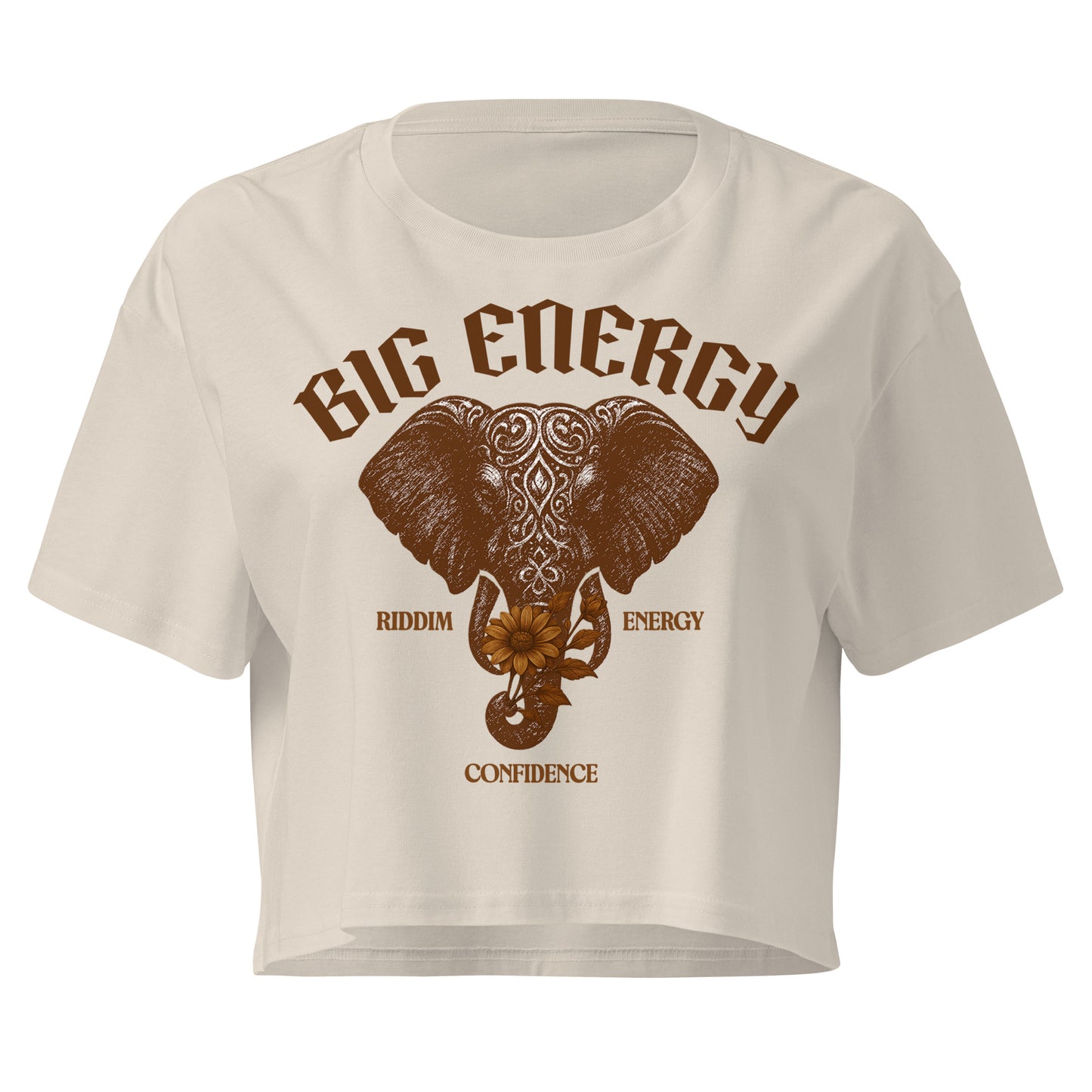 AfroDrip 'Big Energy' Women's Crop Top illustrated mockup showing the graphic print design and cropped silhouette