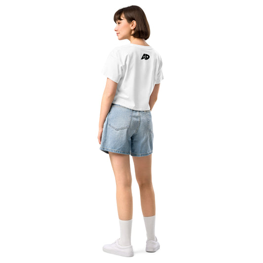 AfroDrip 'We Outside' Women's Crop Top in white, back view showing clean finish and cropped hemline